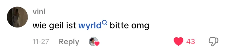 Kommentar von vini: &bdquo;wie geil ist wyrld bitte omg&ldquo;